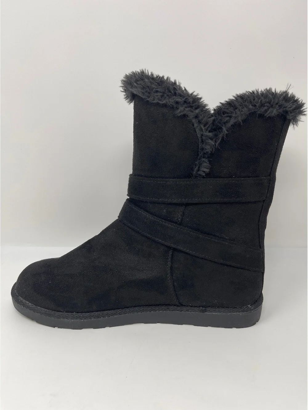 Airwalk Womens Size 9.5 Black Suede Faux Fur Trim Double Buckle Winter Boots